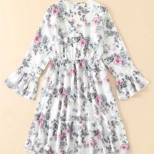 ‏Girls Floral Print Flounce Sleeve Tie Front Ruffle Hem Dress